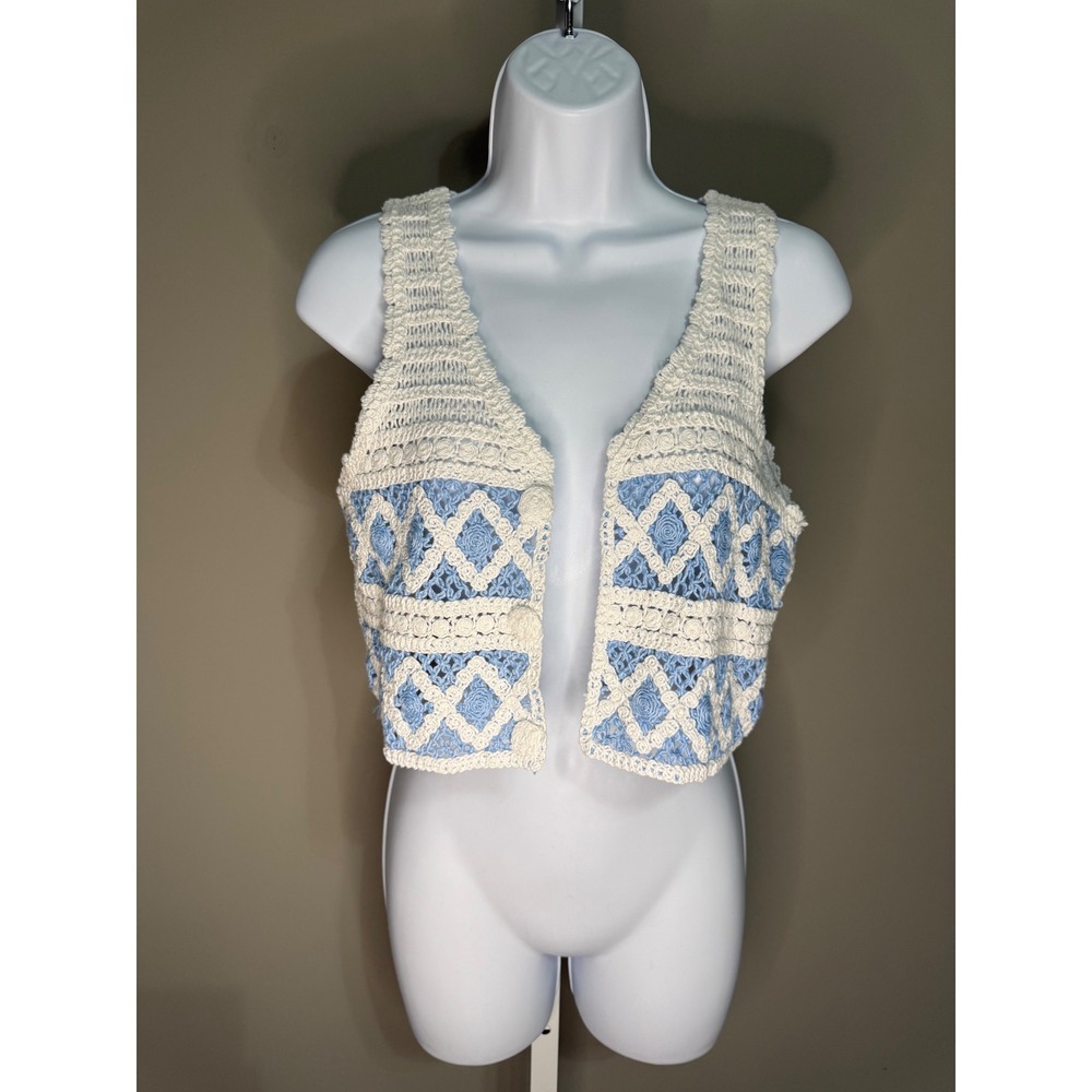 Julia Crochet Knit‎ Crop Tank Top White Blue M Boho Cottagecore Boho Coquette